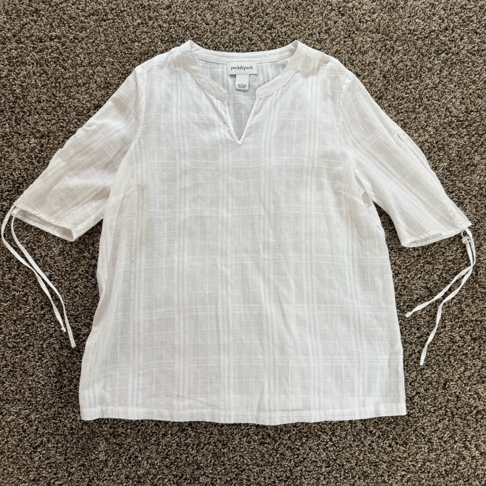 Peck & Peck White Cotton Split Sleeve Blouse Women’s‎ Large Grid Lightweight Top